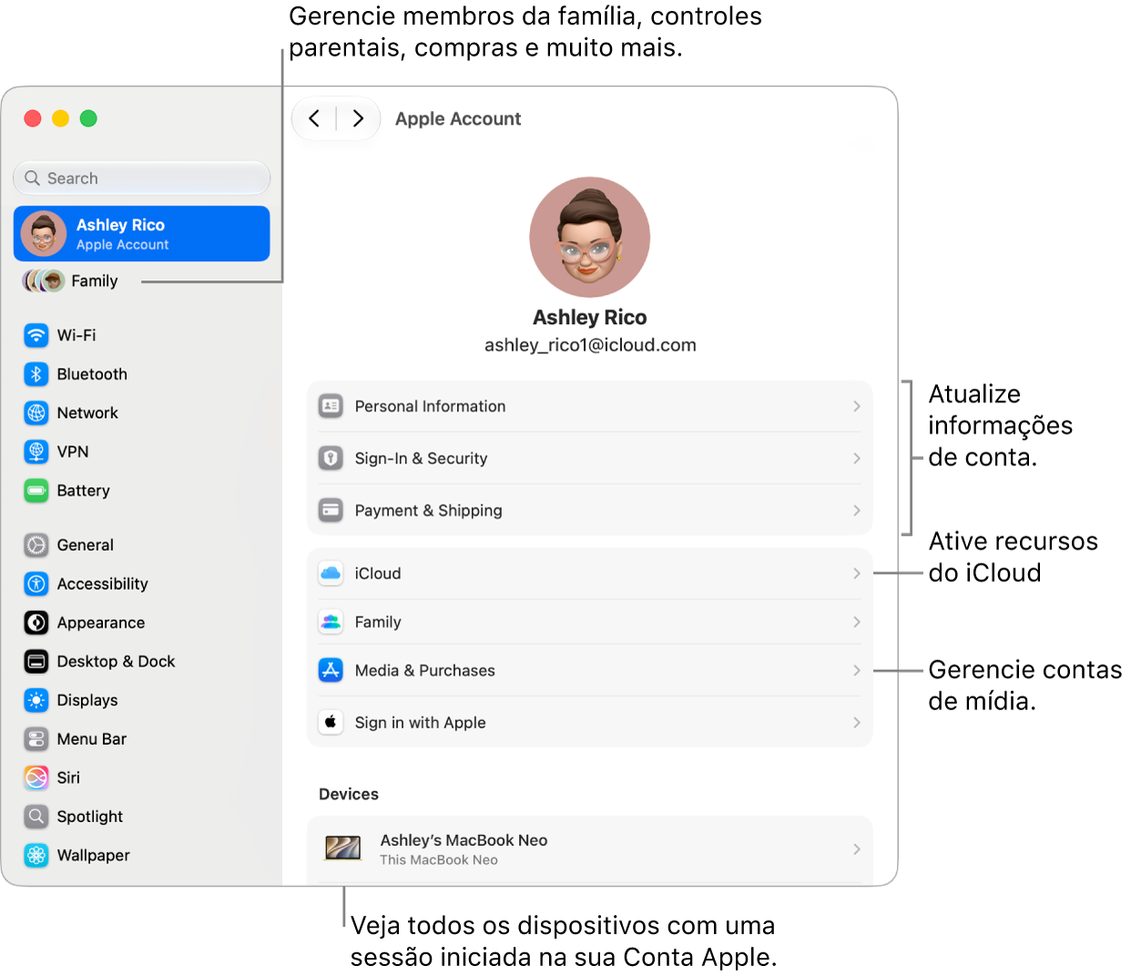 Os ajustes da Conta Apple, nos Ajustes do Sistema, com chamadas para atualizar informações da conta, ativar ou desativar recursos do iCloud, gerenciar contas de mídia, e alterar os ajustes de Família, onde você gerencia os membros da família, controles parentais, compras e muito mais.