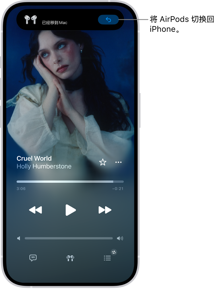 iPhone 锁屏的顶部有一条信息，内容是“已经移到 Mac”，还有一个按钮可用于将 AirPods 切换回 iPhone。