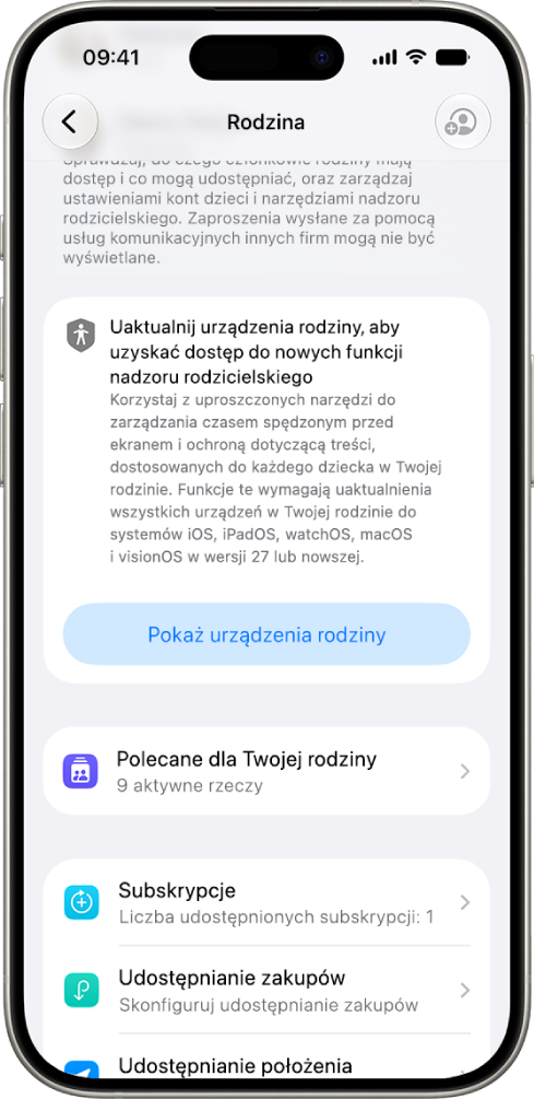 Przycisk w&nbsp;ustawieniach Chmury rodzinnej pokazujący opcję Pokaż urządzenia rodziny dla urządzeń wymagających uaktualnienia do wersji 27 systemu iOS, iPadOS, macOS, watchOS i&nbsp;visionOS.
