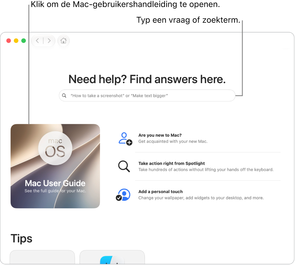 De startpagina van de Tips-app met de Mac-gebruikershandleiding, het zoekveld en voorgestelde onderwerpen.