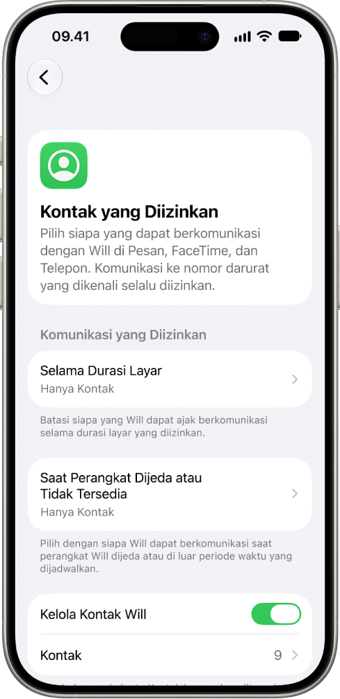 Layar Kontak yang Diizinkan di pengaturan Durasi Layar, yang menampilkan pilihan untuk komunikasi yang diizinkan selama Durasi Layar, komunikasi yang diizinkan saat perangkat dijeda, dan pengelolaan kontak.