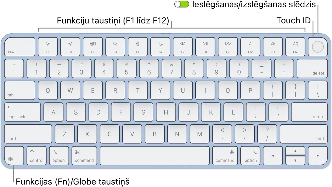 Tastatūrā Magic&nbsp;Keyboard ar Touch&nbsp;ID redzama funkciju taustiņu rinda un Touch&nbsp;ID augšējā malā un taustiņš Function (Fn)/Globe apakšējā kreisajā stūrī.