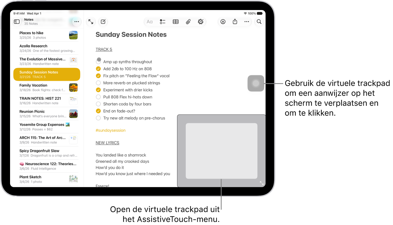 Een iPad met een virtuele trackpad in de hoek van het scherm. Op het scherm staan ook het AssistiveTouch-menu (waarmee de trackpad wordt geopend) en de aanwijzer (die je bedient met de trackpad).