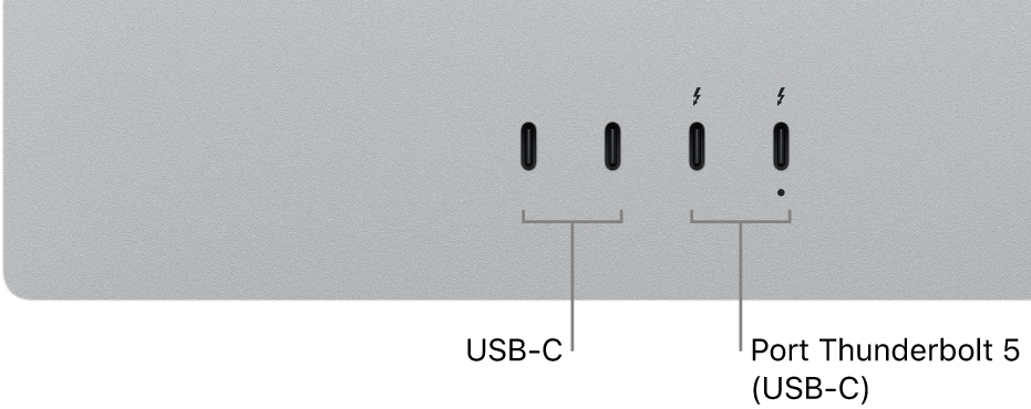 Gros plan de l’arrière du Studio&nbsp;Display XDR montrant deux ports USB-C et deux ports Thunderbolt&nbsp;5 (USB-C).