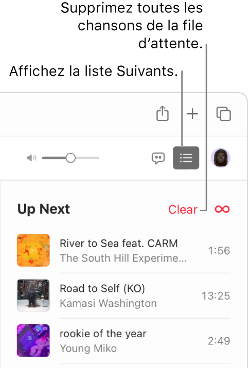 Le bouton Suivants dans le coin supérieur droit de la fenêtre d’Apple Music est sélectionné et la liste d’écoute est visible. Cliquez sur le lien Effacer en haut de la liste pour supprimer toutes les chansons de la liste d’écoute.