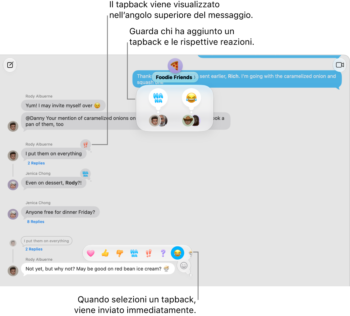 I tapback vengono mostrati negli angoli superiori di diversi messaggi, indicando le risposte a tali messaggi. Una serie di scelte di tapback viene mostrata in un menu. Nella parte superiore della trascrizione viene mostrato un elenco di chi ha inviato un determinato tapback.
