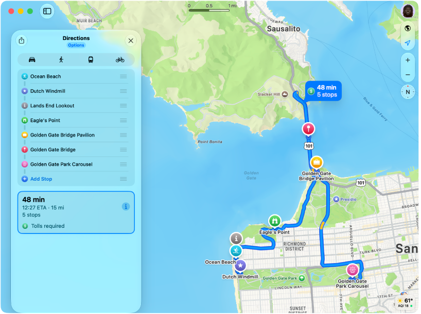 A map of San Francisco showing a route with multiple stops.