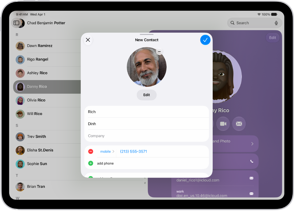 The New Contact window in the Contacts app.