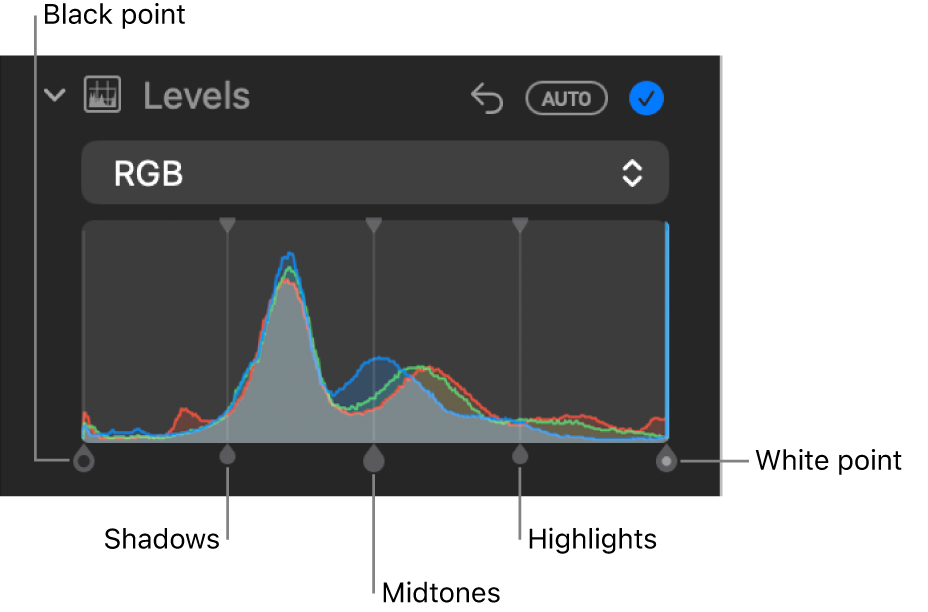 The Levels controls in the Adjust pane, showing the RGB histogram with handles below, including (from left to right) black point, shadows, midtones, highlights, and white point.