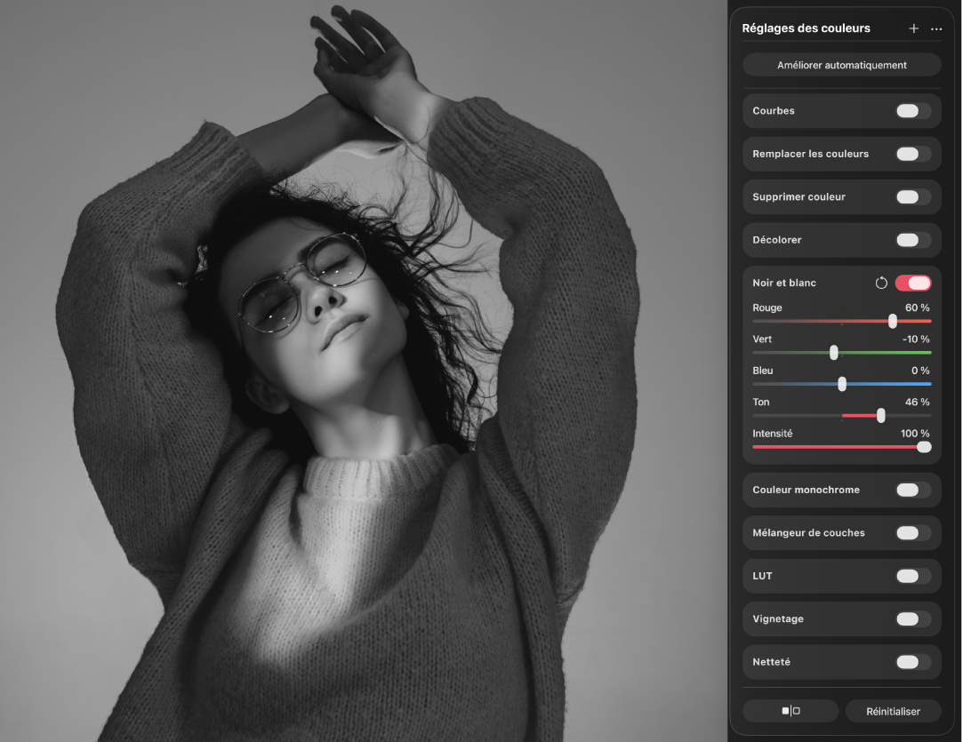 Une image d’une personne convertie en monochrome dans la zone de travail, à côté de la sous-fenêtre «&nbsp;Réglages des couleurs&nbsp;» affichant les commandes «&nbsp;Noir et blanc.&nbsp;»