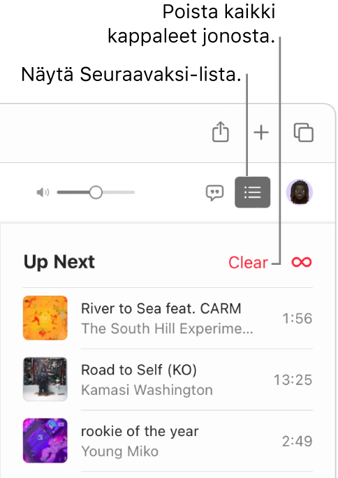 Seuraavaksi-painike Apple Musicin oikeassa yläkulmassa on valittu, ja jono näkyy. Klikkaamalla Tyhjennä-linkkiä listan yläosassa voit poistaa kaikki kappaleet jonosta.