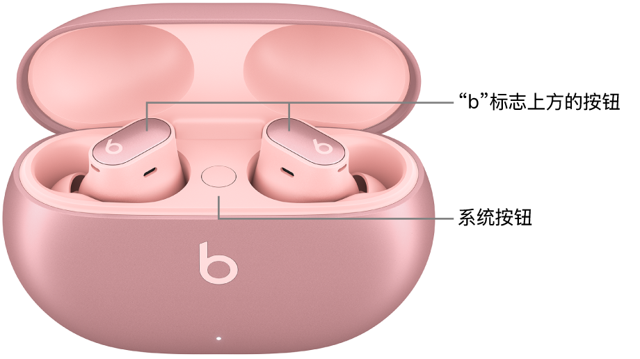 Beats Studio&nbsp;Buds&nbsp;+ 的图像显示耳塞上“b”标志上方按钮的位置，以及充电盒内系统按钮的位置。