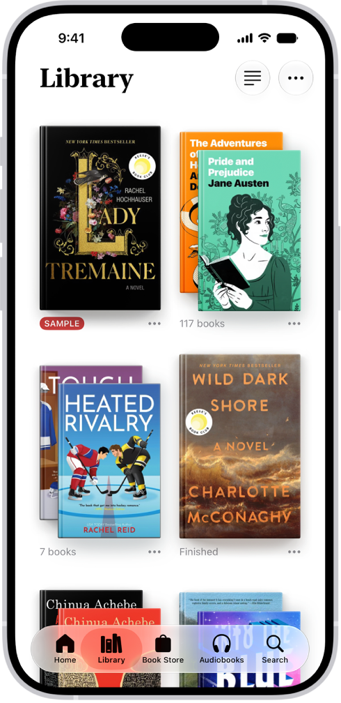 The Library screen in the Books app. At the top of the screen is the Collections button. In the middle of the screen are book covers. At the bottom of the screen are, from left to right, the Home, Library, Book Store, Audiobooks, and Search tabs. The Library tab is selected.