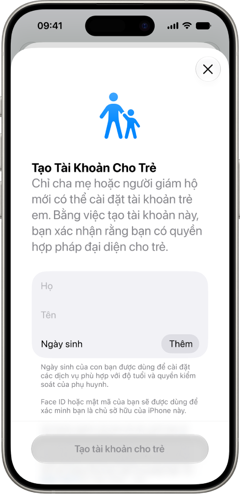 Màn hình Tạo tài khoản trẻ em, đang hiển thị các tùy chọn để thêm họ, tên và ngày sinh.