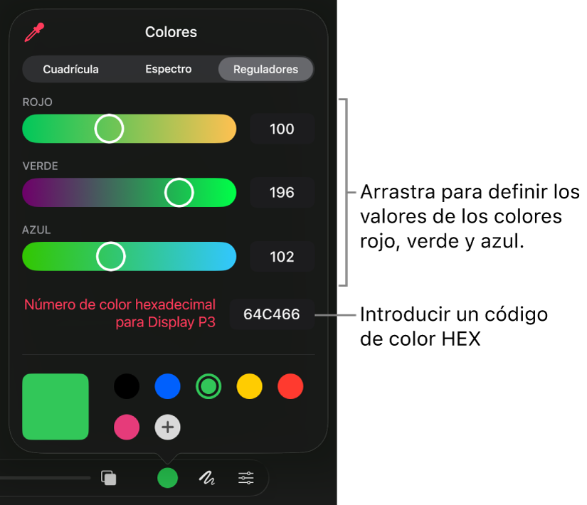 Cuadro de diálogo Colores con reguladores para seleccionar colores.
