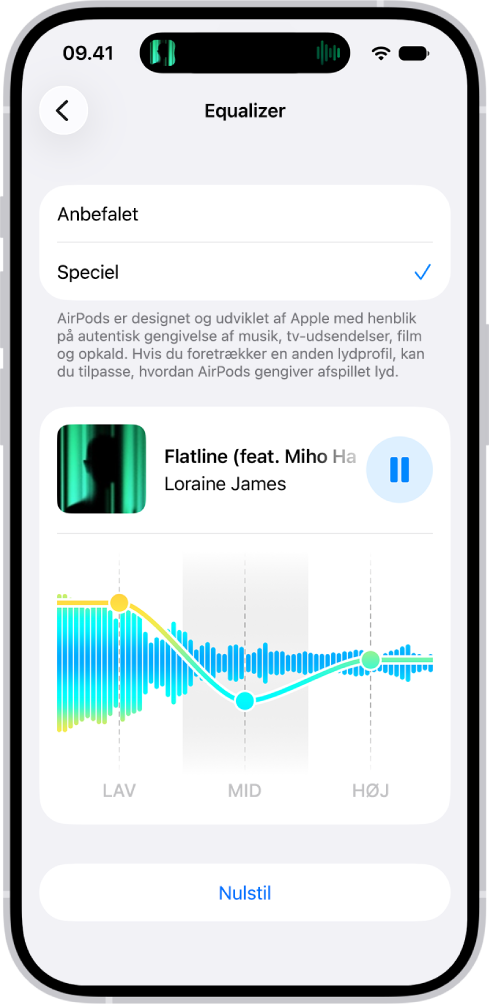 iPhone-skærm, der viser Equalizer indstillet til Speciel med mærkerne Lav, Mellem og Høj nedenunder.