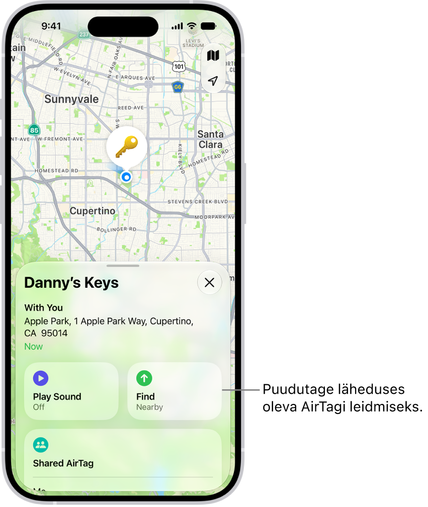 Rakendus Find My on avatud ning seal kuvatakse Danny võtmete asukohta Golden Gate Parkis. Läheduses oleva AirTagi asukoha tuvastamiseks puudutage nuppu Find.