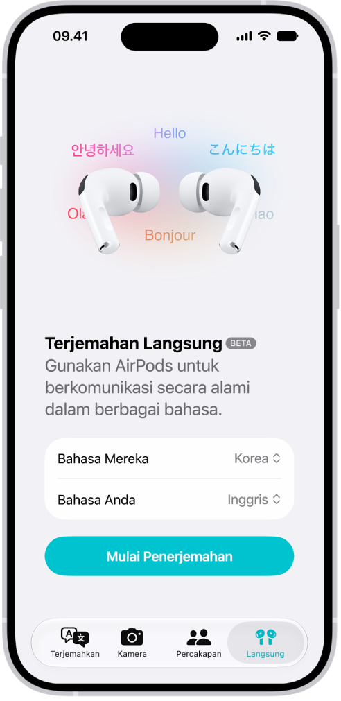 App Terjemahkan di iPhone menampilkan layar Terjemahan Langsung. Layar menampilkan dua menu pop-up untuk memilih bahasa orang lain dan bahasa Anda, serta tombol untuk memulai Terjemahan Langsung.