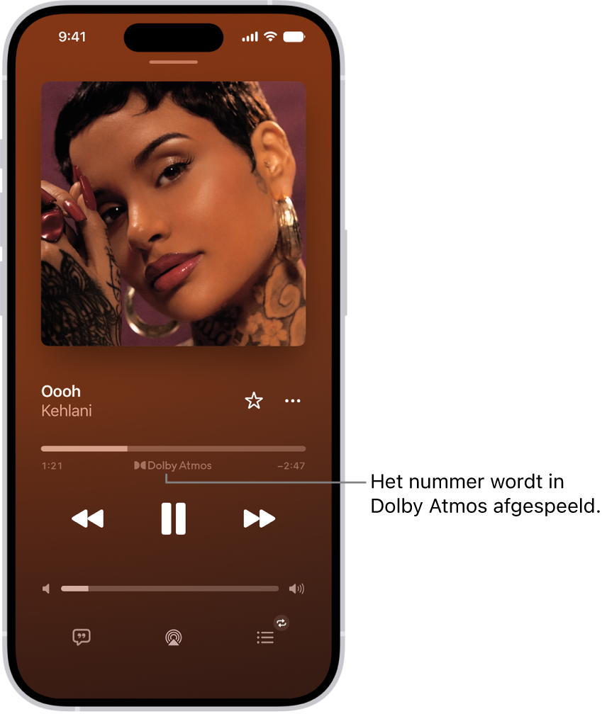 Het scherm 'Huidige' met het Dolby&nbsp;Atmos-symbool voor het nummer dat wordt afgespeeld.