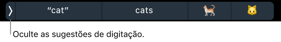 Sugestões de digitação mostrando palavras e emojis, e o botão para ocultar as sugestões de digitação à esquerda.