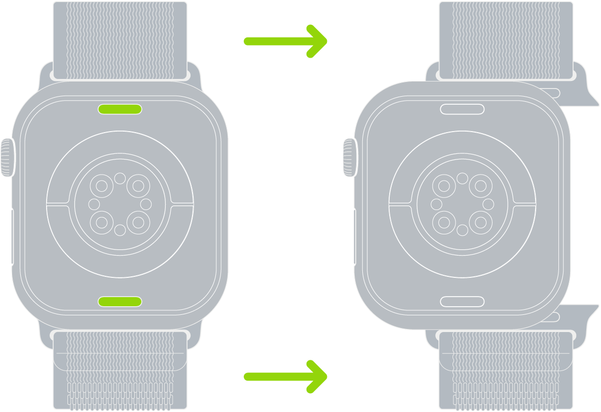 两张 Apple&nbsp;Watch 图像。左侧图像显示表带脱卸按钮。右侧图像显示部分插入表带槽的表带。