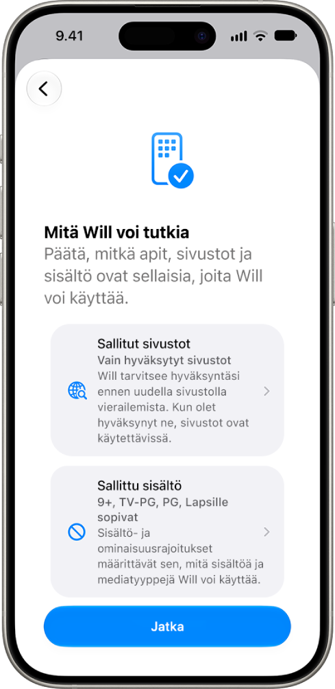 Käyttörajoitusten käyttöönottonäyttö, jossa on eri valintoja sille, minkä tyyppistä sisältöä voidaan käyttää, kuten appeja ja sivustoja.