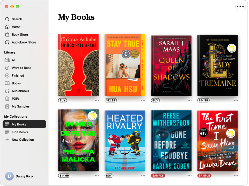 A Books app window showing My Books selected in the sidebar, and the collection of custom-picked books on the right.