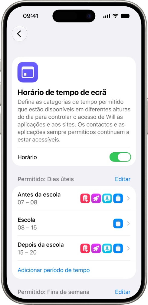 O ecrã “Horário de tempo de ecrã” nas definições de Tempo de ecrã a mostrar um horário para dias úteis com intervalos de tempo para “Antes da escola”, “Escola” e “Depois da escola”.