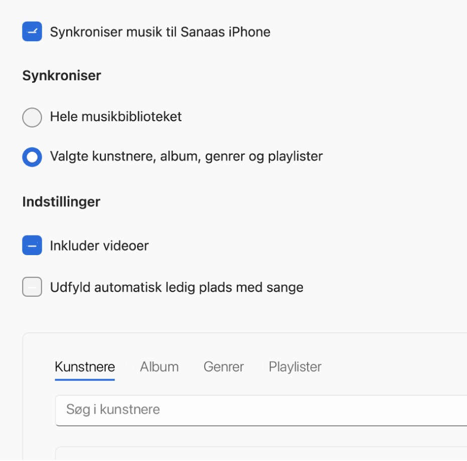 Apple Devices-vinduet, der viser indstillingen til synkronisering af musik.