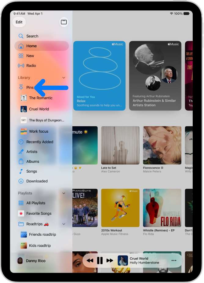 The sidebar on the left with an arrow pointing out pinned items, such as an album and a playlist, with albums appearing on the right. The MiniPlayer is at the bottom.