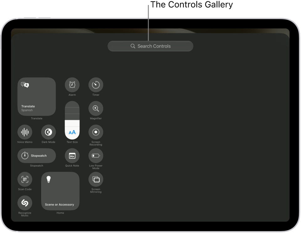 Control Center in edit mode, with the controls gallery open, showing all the available controls.