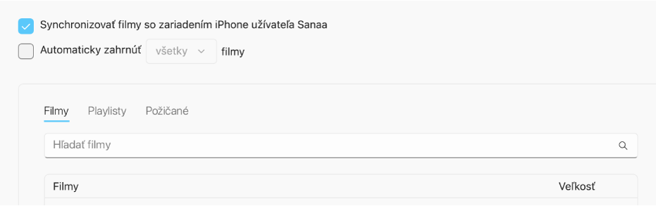 Políčko „Synchronizovať filmy do [zariadenie]“ je zaškrtnuté a vyskakovacie menu „Automaticky zahrnúť“ sa nachádza pod ním.