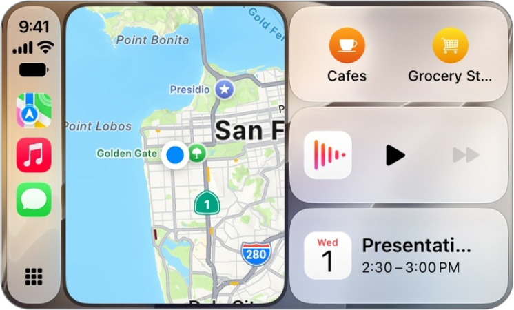 A CarPlay Dashboard showing Maps, Music, and Messages in the Sidebar. On the right is a map of San Francisco, navigation buttons, a now playing window, and a calendar entry.