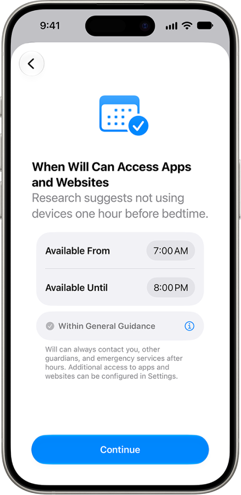 The parental controls set up screen showing hours that a child can access their device.