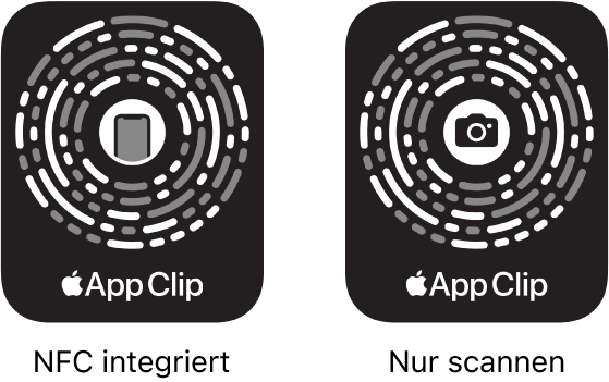 Links ist ein NFC-integrierter App Clip-Code mit einem iPhone-Symbol in der Mitte zu sehen. Rechts ist ein scanbarer App Clip-Code mit einem Kamerasymbol in der Mitte zu sehen.