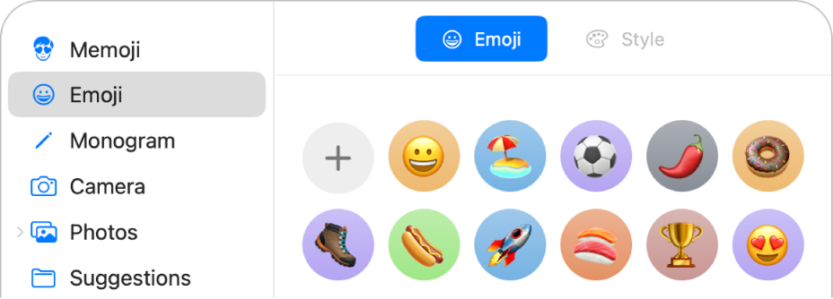 The Apple&nbsp;Account picture options with Emoji selected in the sidebar and various emoji shown.