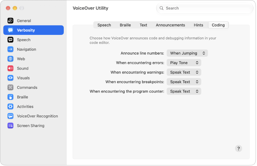 Settings for how VoiceOver should announce code and debugging information in a code editor.