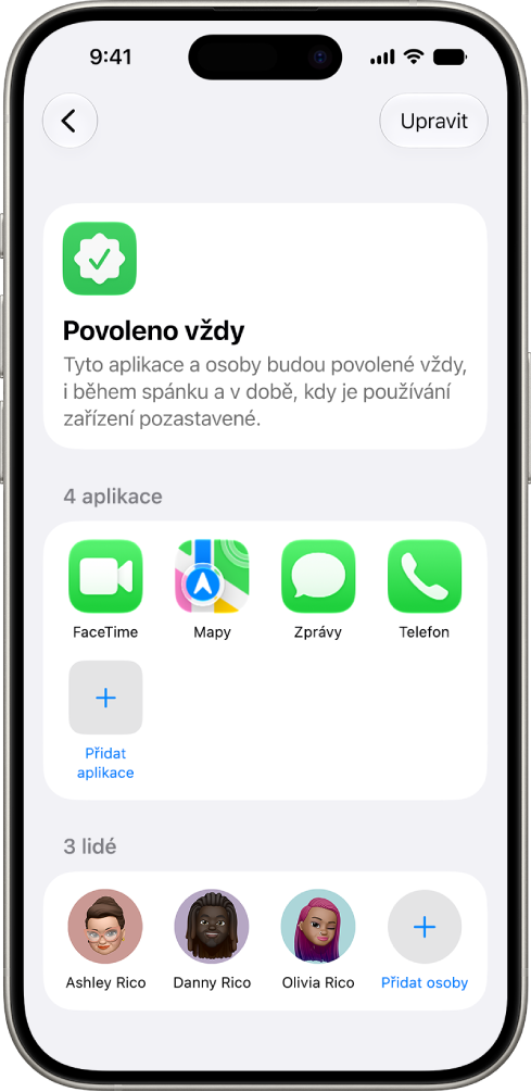 Panel Povoleno vždy v&nbsp;nastavení Času u&nbsp;obrazovky se seznamem aplikací a&nbsp;kontaktů, které jsou vždy povolené.
