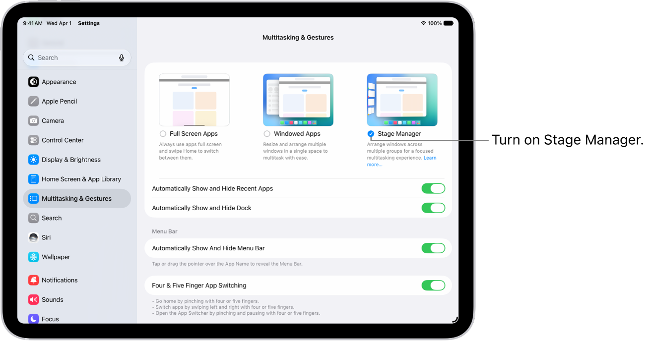 The iPad Settings app, showing the Multitasking & Gestures options you can choose for working in multiple apps.