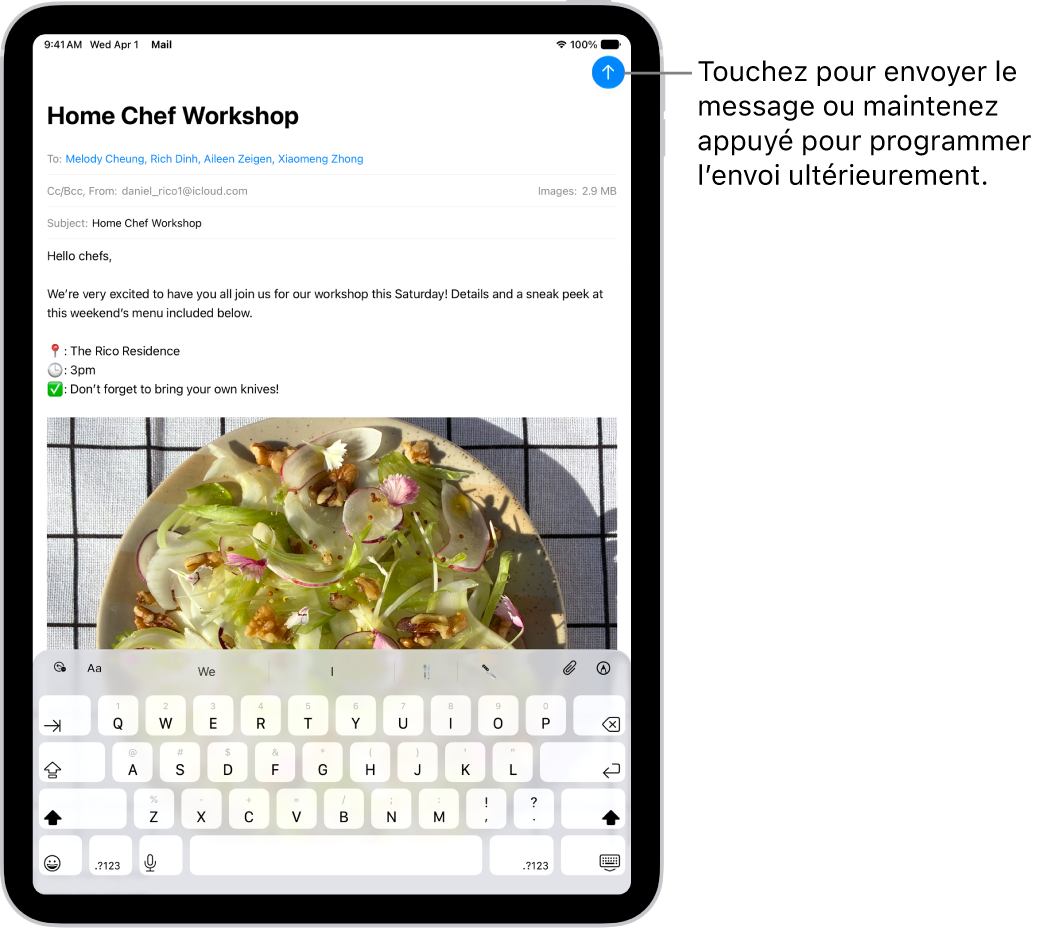 Un brouillon d’e-mail est ouvert dans l’app Mail. Le bouton permettant d’envoyer le message se trouve dans le coin supérieur droit. Touchez pour envoyer le message ou maintenez le doigt pour programmer l’envoi à une date ultérieure.