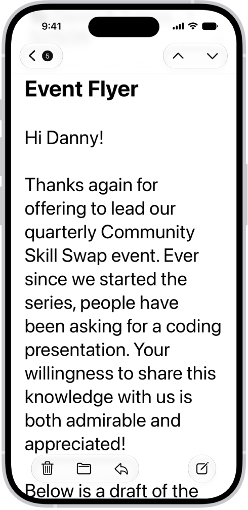 An iPhone with the Mail app open. An email is displayed with large, bold text.