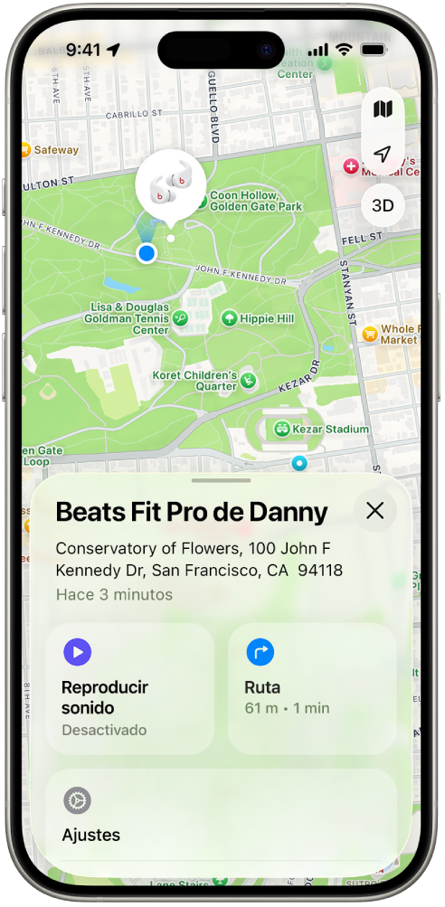 Pantalla de la app Buscar del iPhone con la ubicación de los Beats&nbsp;Fit&nbsp;Pro en un mapa de San&nbsp;Francisco.