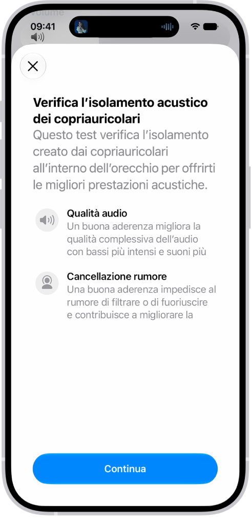 Una schermata di iPhone che mostra un test per misurare l’isolamento acustico degli AirPods Pro 3.