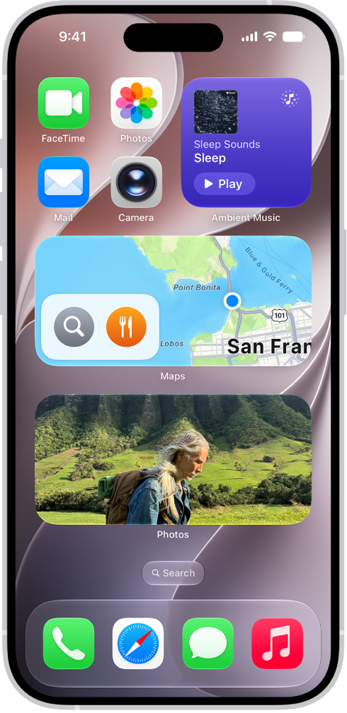 The Photos, Maps, and Music widgets on the iPhone Home Screen. The Music widget displays interactive features.