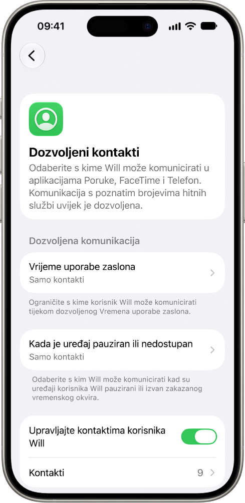 Zaslon Dopušteni kontakti u postavkama Vremena uporabe zaslona, prikazuje opcije za dopuštenu komunikaciju tijekom Vremena uporabe zaslona, dopuštenu komunikaciju kad su uređaji pauzirani i upravljanje kontaktima.