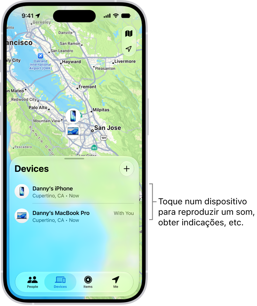 O ecrã de Encontrar, com a lista Dispositivos aberta. Há dois dispositivos na lista Dispositivos: iPhone do Sérgio e iPad do Sérgio. As localizações são mostradas num mapa.