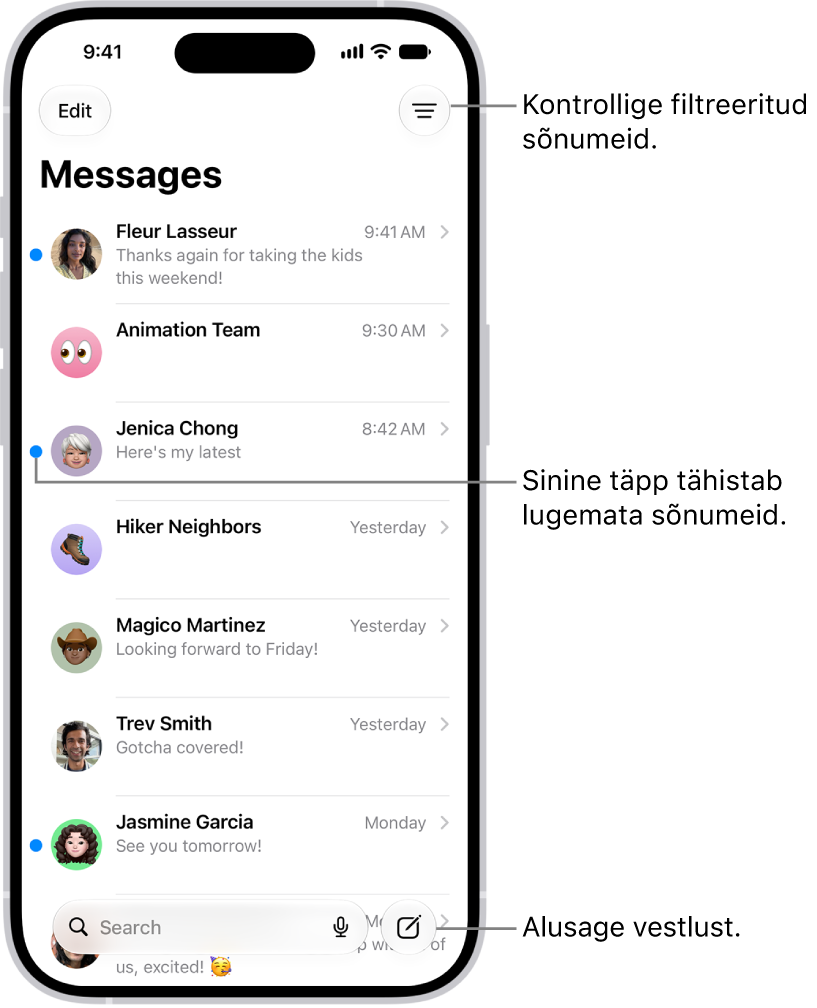 Rakenduse Messages vestlusloend, mille alumises paremas osas on nupp Compose. Sõnumist vasakul olev sinine täpp tähistab, et see on lugemata.