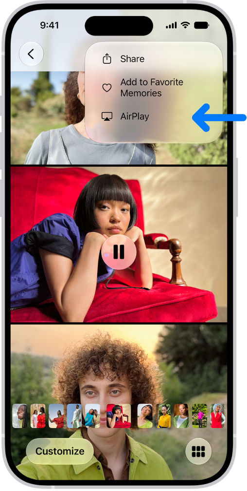 A slideshow in the Photos app plays on the iPhone. At the top right of the screen is a pop-up menu, with an option to choose AirPlay.