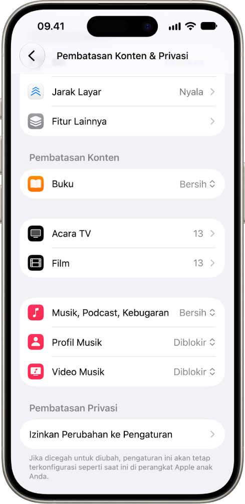 Layar Pembatasan Konten & Privasi di pengaturan Durasi Layar, yang menampilkan opsi pembatasan konten untuk Buku, Film, dan lainnya.