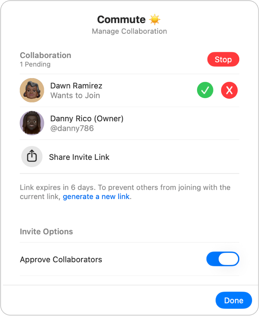 The Manage Collaboration dialog.